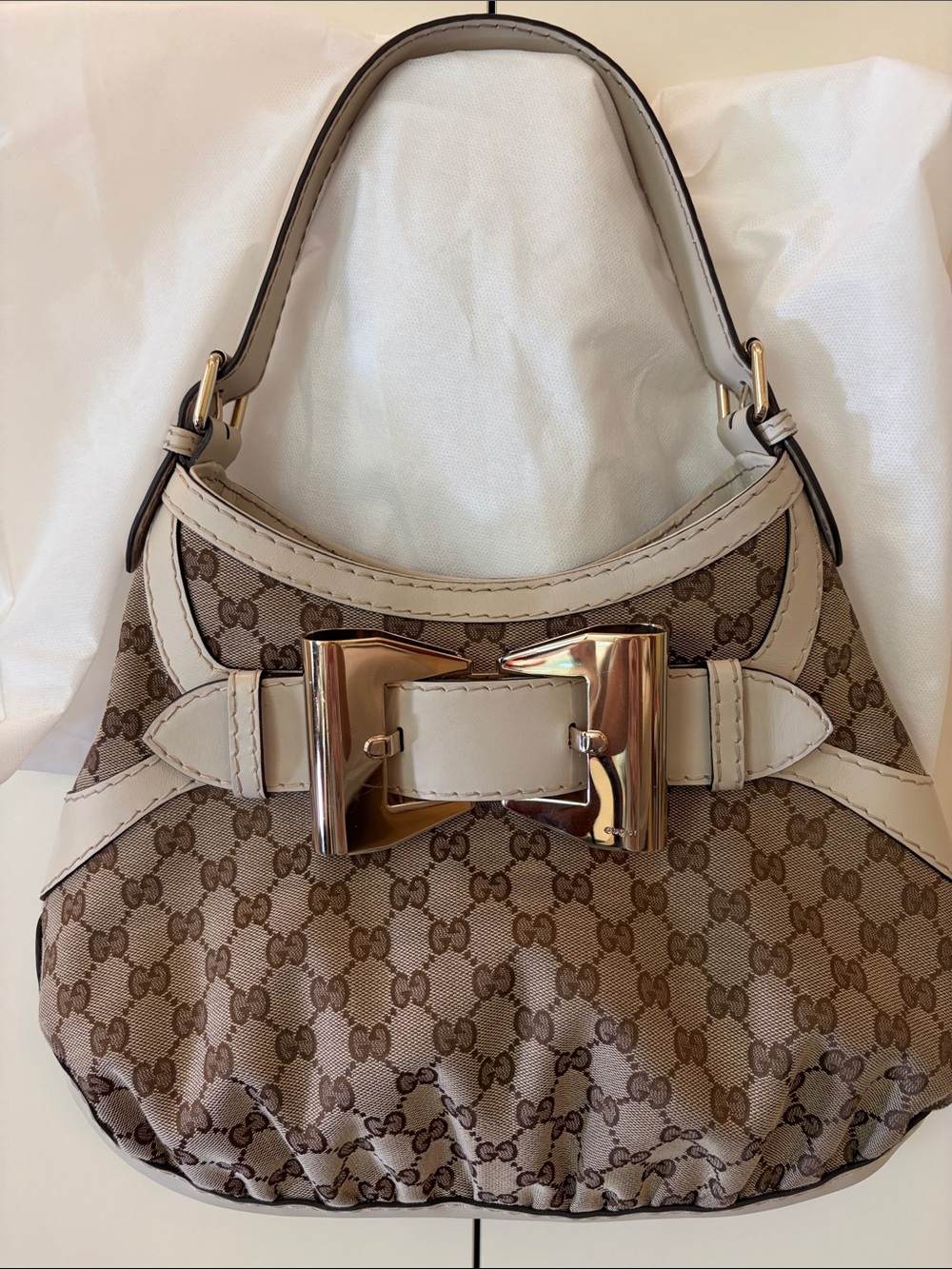 Gucci Beige GG Monogram Shoulder Bag with Gold Bow Buckle